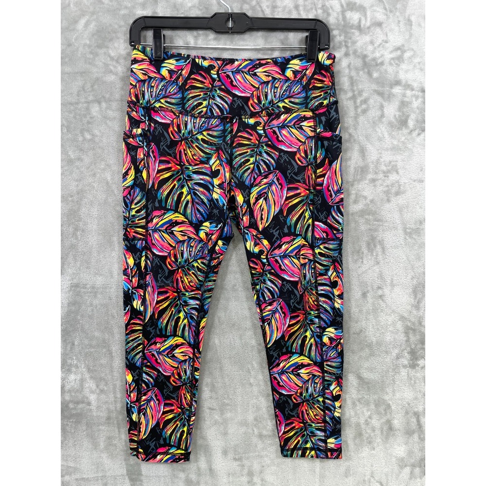 CVG Constantly Varied Gear Leggings Capri Size M Black Multi Side Pockets Leaves